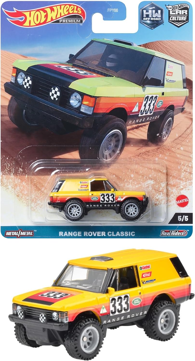 1:64 Range Rover Classic, gul/rød/sort, Hot Wheels HKC71
